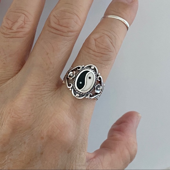 Sterling Silver Statement Yin Yang Ring with Flower, Yoga Rings, Balance of Life - Picture 10 of 12